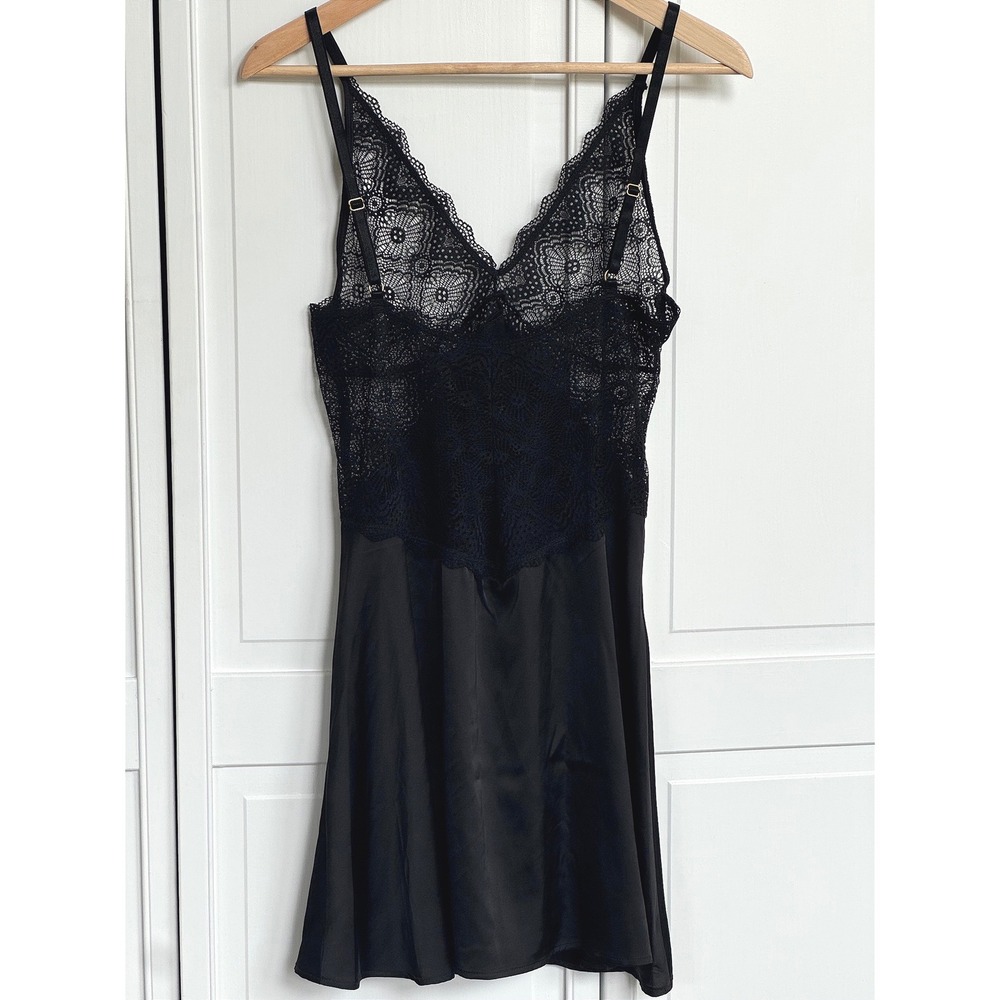Black Satin and Lace Chemise Sheer Nightgown Mini Slip Dress‎ - Picture 3 of 9
